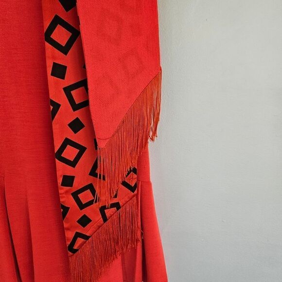 Vintage '60s Pleated Drop Waist Coral Sleeveless V-Neck Wool? Dress with Scarf 6 - Picture 15 of 15